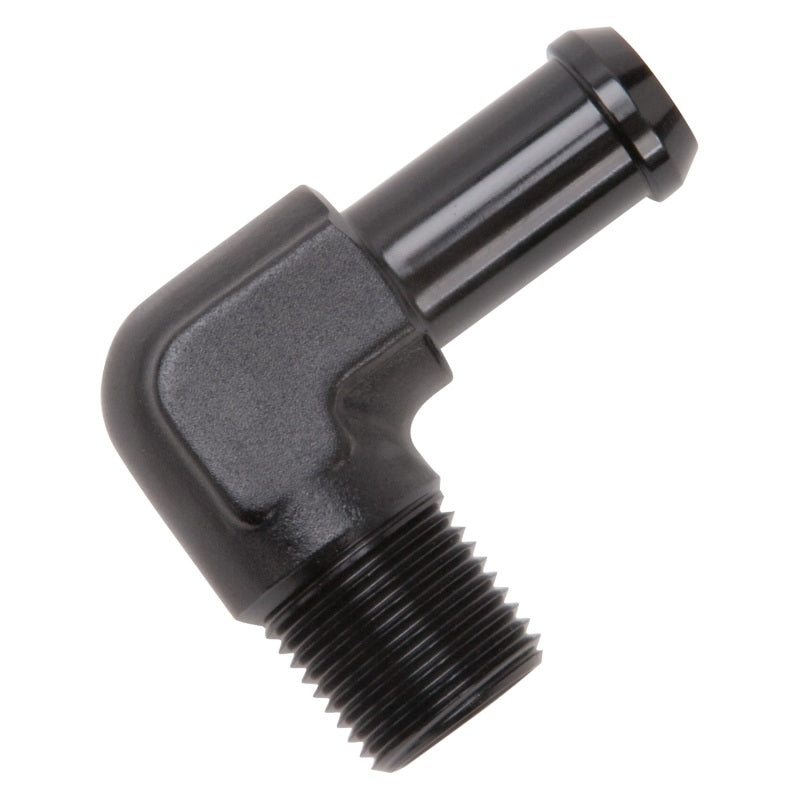 Edelbrock Hose End 90-Degree 3/8In NPT to 1/2In Barb Black Anodize Edelbrock Fittings