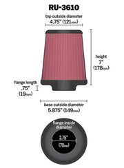 K&N Universal Rubber Filter 2.75in Flange ID x 5.875in Base OD x 4.75in Top OD x 7in Height K&N Engineering Air Filters - Universal Fit