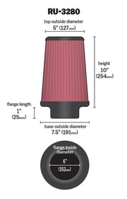 K&N Filter Universal Rubber Filter 6 inch Flange 7.5 inch Base 5 inch Top 10 inch Height K&N Engineering Air Filters - Universal Fit