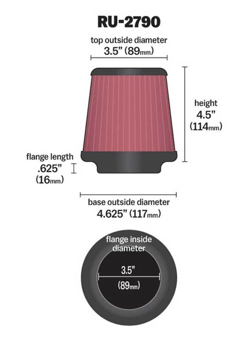 K&N Filter Universal Rubber Filter 3 1/2 inch Flange 4 5/8 inch Base 3 1/2 inch Top 4 1/2 inch Heigh K&N Engineering Air Filters - Universal Fit