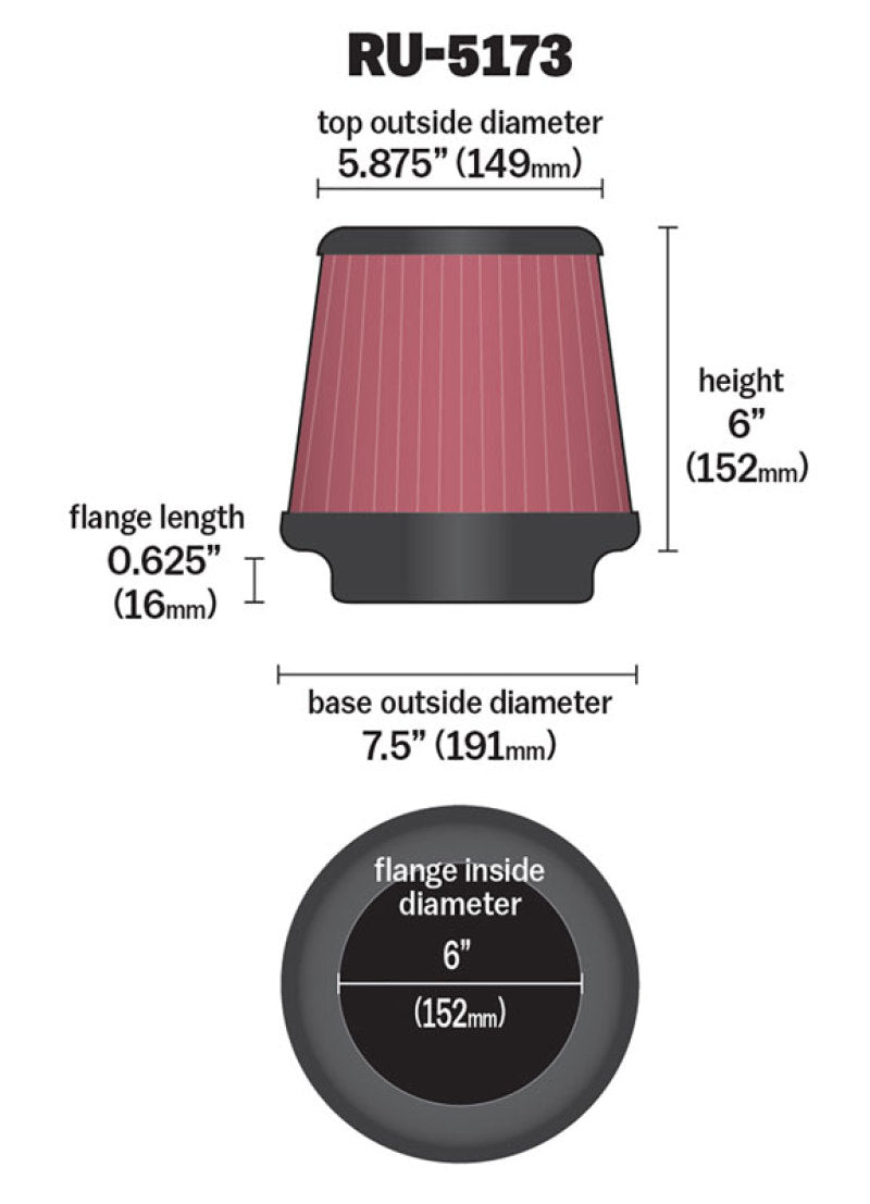 K&N Universal Clamp-On Air Filter 6in FLG / 7-1/2in B / 5-7/8in T / 6in H K&N Engineering Air Filters - Universal Fit