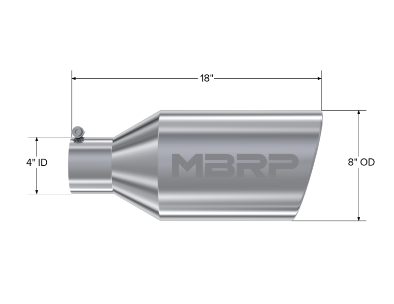 MBRP Universal Tip 8in O.D. Rolled End 4in inlet 18in length T304 MBRP Steel Tubing
