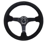NRG Reinforced Steering Wheel (350mm / 3in. Deep) Blk Suede/Red BBall Stitch w/5mm Matte Blk Spokes NRG Steering Wheels