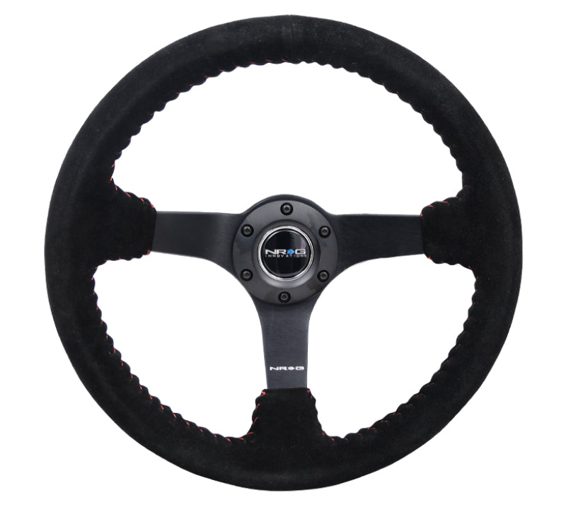 NRG Reinforced Steering Wheel (350mm / 3in. Deep) Blk Suede/Red BBall Stitch w/5mm Matte Blk Spokes NRG Steering Wheels