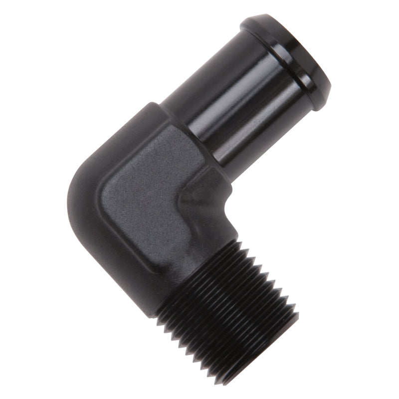 Edelbrock Hose End 90-Deg 1/2In NPT to 3/4In Barb Black Anodize Edelbrock Fittings