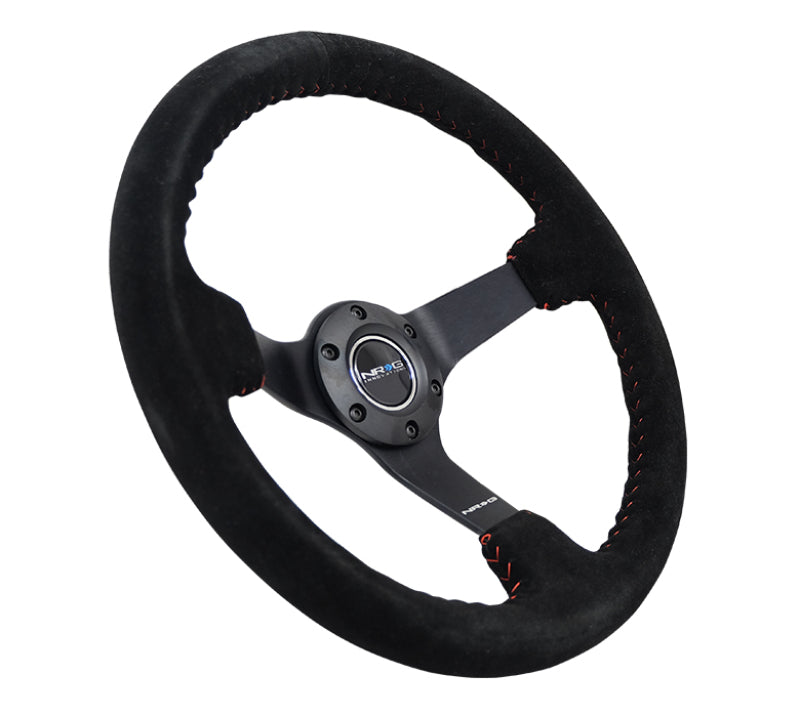 NRG Reinforced Steering Wheel (350mm / 3in. Deep) Blk Suede/Red BBall Stitch w/5mm Matte Blk Spokes NRG Steering Wheels