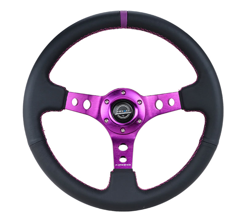NRG Reinforced Steering Wheel (350mm / 3in. Deep) Black Leather w/Purple Center & Purple Stitching NRG Steering Wheels