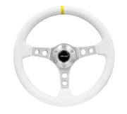 NRG Reinforced Steering Wheel (350mm / 3in. Deep) Wht Leather w/Silver Spoke & Single Yellow Mark NRG Steering Wheels