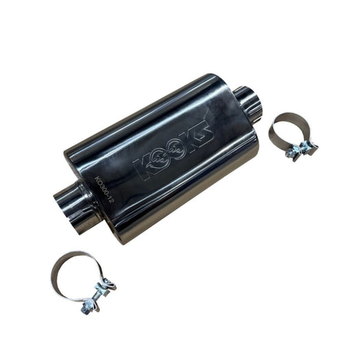 Kooks 3in Oval Clamp In Center/Center Muffler 12in Long Body Polished Stainless Steel Kooks Headers Muffler