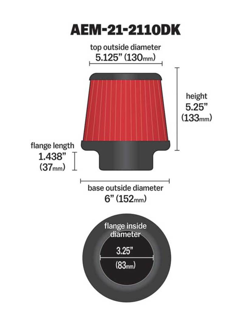 AEM 3.25 in DRY Flow Short Neck 5 in Element Filter AEM Induction Air Filters - Universal Fit