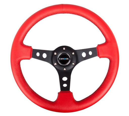 NRG Reinforced Steering Wheel (350mm / 3in. Deep) Red Leather/Blk Stitch w/Blk Spokes (Hole Cutouts) NRG Steering Wheels