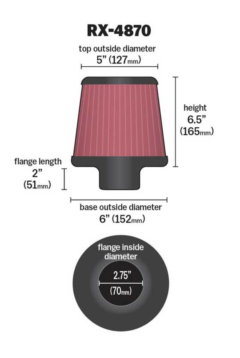 K&N Filter Universal X Stream Clamp-On 2 3/4 inch Flange 6 inch Base 5 inch Top 6 1/2 inch Height K&N Engineering Air Filters - Universal Fit