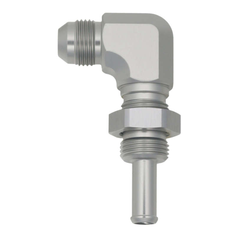 DeatschWerks 8AN Male Flare to 90-Degree 3/8in Single Hose Barb - Anodized DW Titanium DeatschWerks Fittings