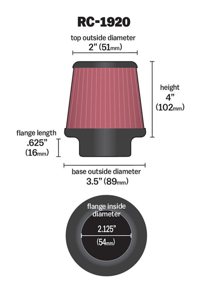 K&N Universal Clamp-On Air Filter 2-1/8in Flange 3-1/2in Base 2in Top 4in Height K&N Engineering Air Filters - Universal Fit