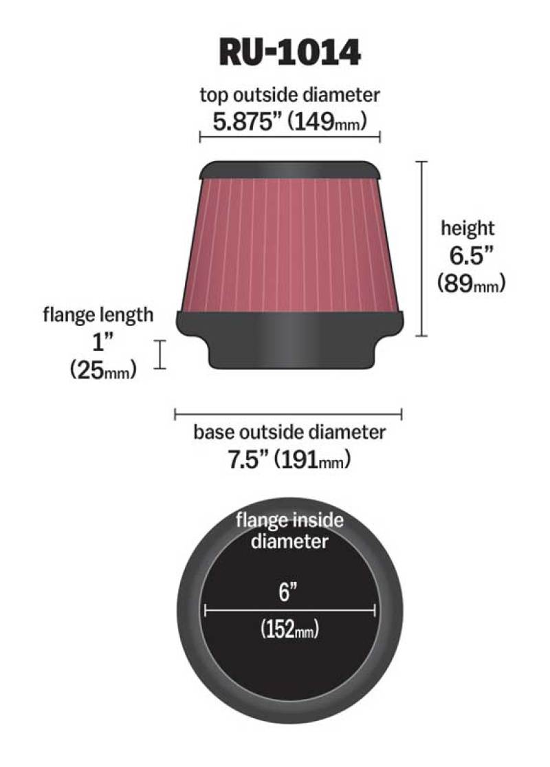 K&N Universal Tapered Filter 6in Flange ID x 7.5in Base OD x 5.875in Top OD x 6.5in Height K&N Engineering Air Filters - Universal Fit