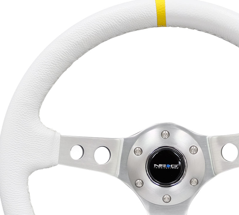 NRG Reinforced Steering Wheel (350mm / 3in. Deep) Wht Leather w/Silver Spoke & Single Yellow Mark NRG Steering Wheels