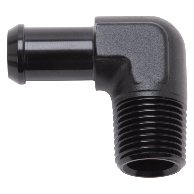Edelbrock Hose End 90-Deg 1/2In NPT to 5/8In Barb Black Anodize Edelbrock Fittings
