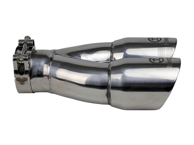aFe Takeda 2.5in 304 Stainless Steel Clamp-on Exhaust Tip 2.5in Inlet 3in Dual Outlet - Polished aFe Tips
