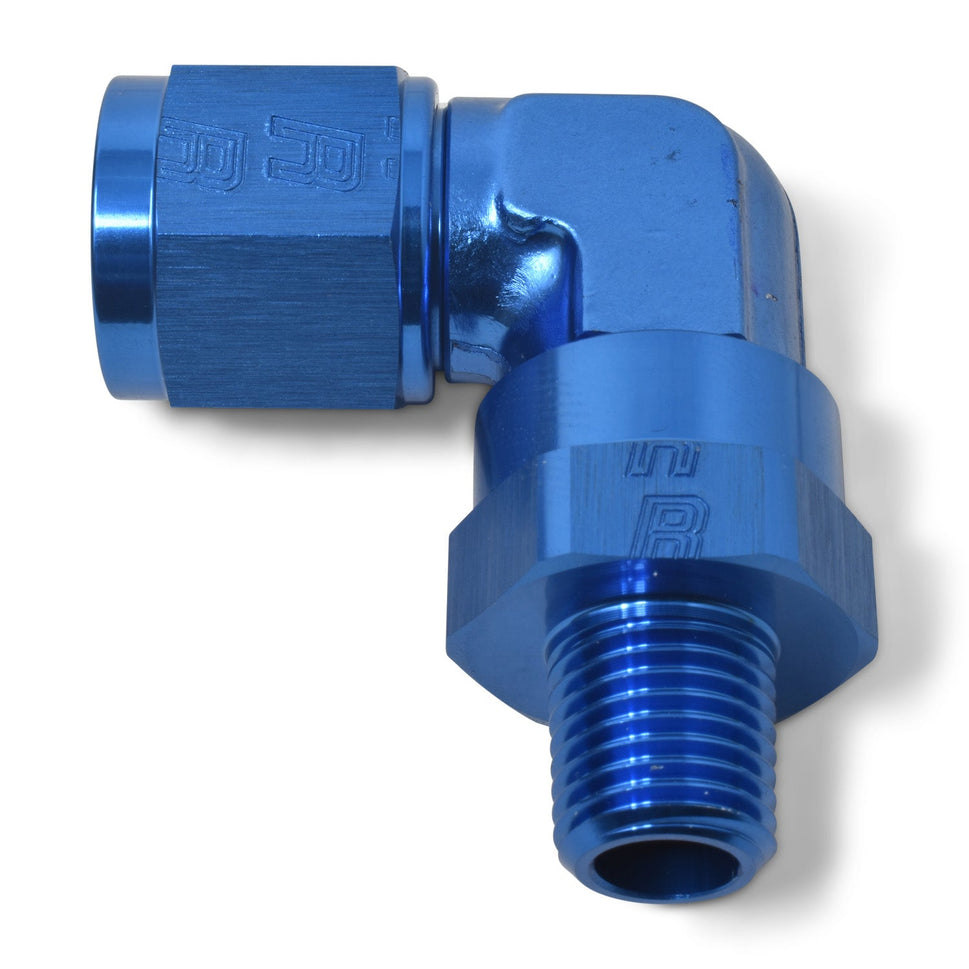 8AN Flare Female To 1/4" NPT Male 90 Degree Swivel Fitting With Blue Finish