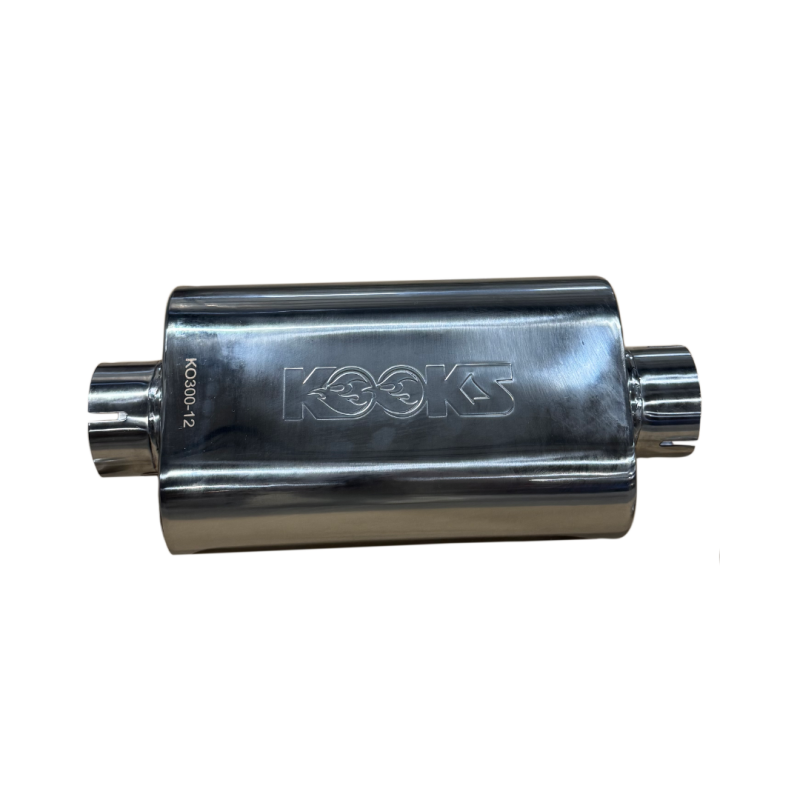 Kooks 3in Oval Clamp In Center/Center Muffler 12in Long Body Polished Stainless Steel Kooks Headers Muffler