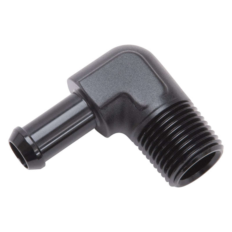 Edelbrock Hose End 90-Deg 1/2In NPT to 3/8In Barb Black Anodize Edelbrock Fittings