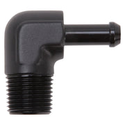 Edelbrock Hose End 90-Deg 1/2In NPT to 3/8In Barb Black Anodize Edelbrock Fittings