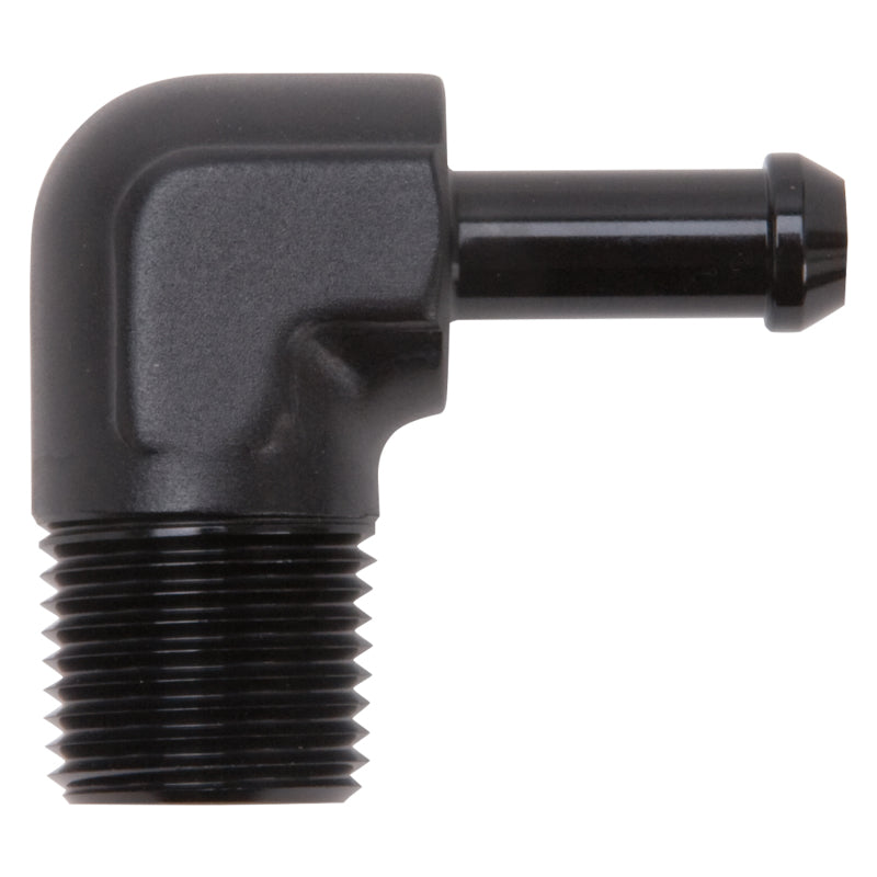 Edelbrock Hose End 90-Deg 1/2In NPT to 3/8In Barb Black Anodize Edelbrock Fittings