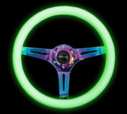 NRG Classic Wood Grain Steering Wheel (350mm) Glow-N-The-Dark Green Grip w/Neochrome 3-Spoke Center NRG Steering Wheels