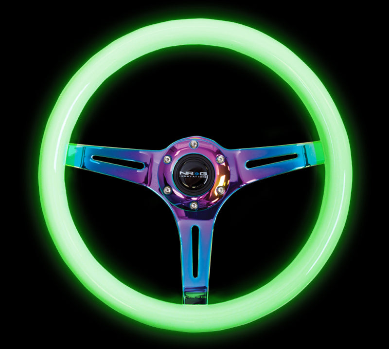 NRG Classic Wood Grain Steering Wheel (350mm) Glow-N-The-Dark Green Grip w/Neochrome 3-Spoke Center NRG Steering Wheels
