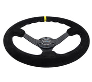 NRG Reinforced Steering Wheel (350mm / 3in. Deep) Blk Suede/X-Stitch w/5mm Blk Spoke & Yellow CM NRG Steering Wheels