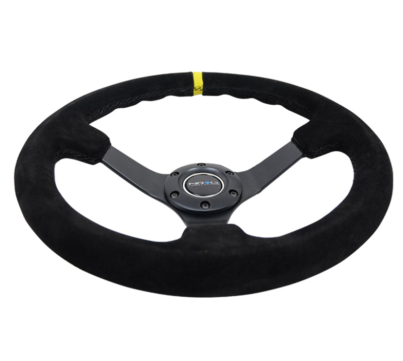NRG Reinforced Steering Wheel (350mm / 3in. Deep) Blk Suede/X-Stitch w/5mm Blk Spoke & Yellow CM NRG Steering Wheels