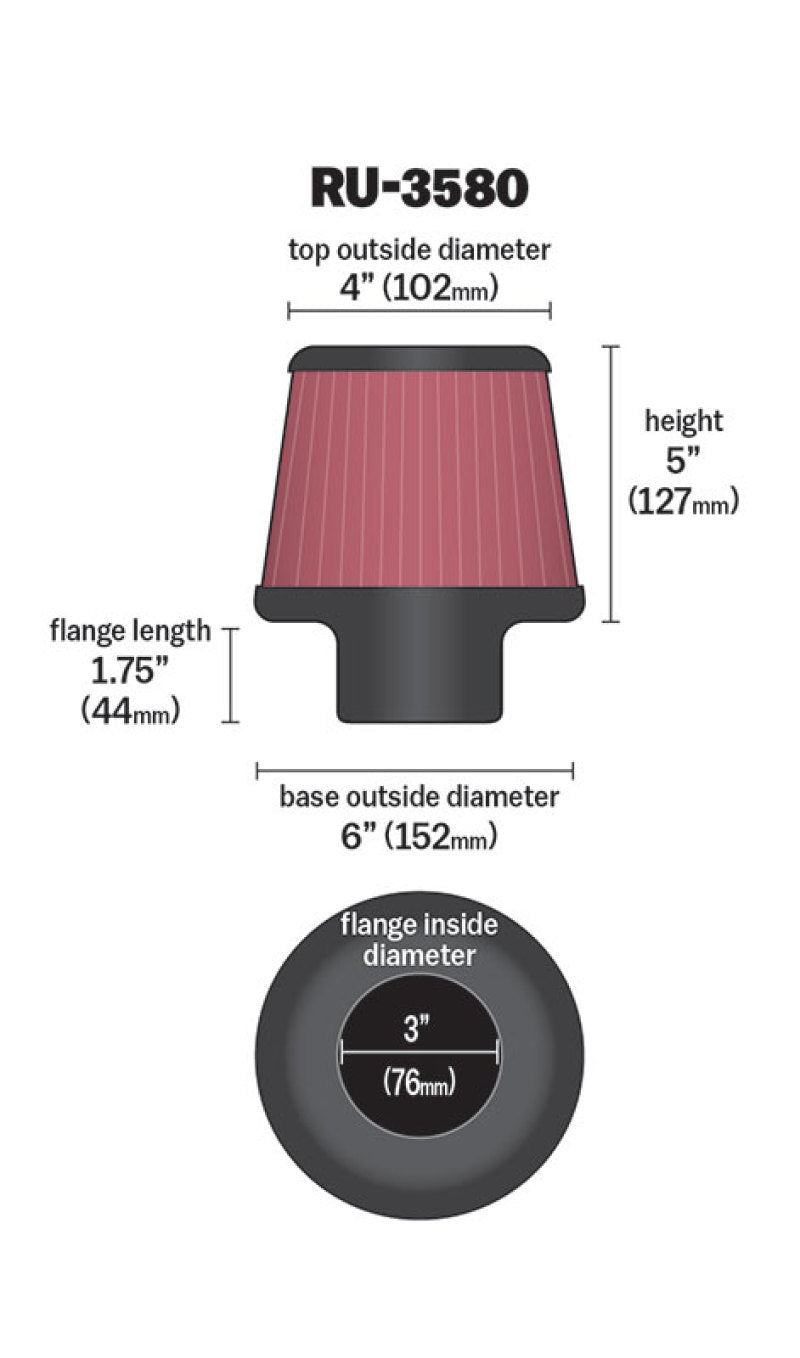 K&N Filter Universal Rubber Filter 3 Inch Flange 6 inch Base 4 inch Top 5 inch Height K&N Engineering Air Filters - Universal Fit