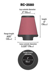 K&N Universal Clamp-On Air Filter 2in FLG / 3-1/8in B / 2in T / 3in L K&N Engineering Air Filters - Universal Fit