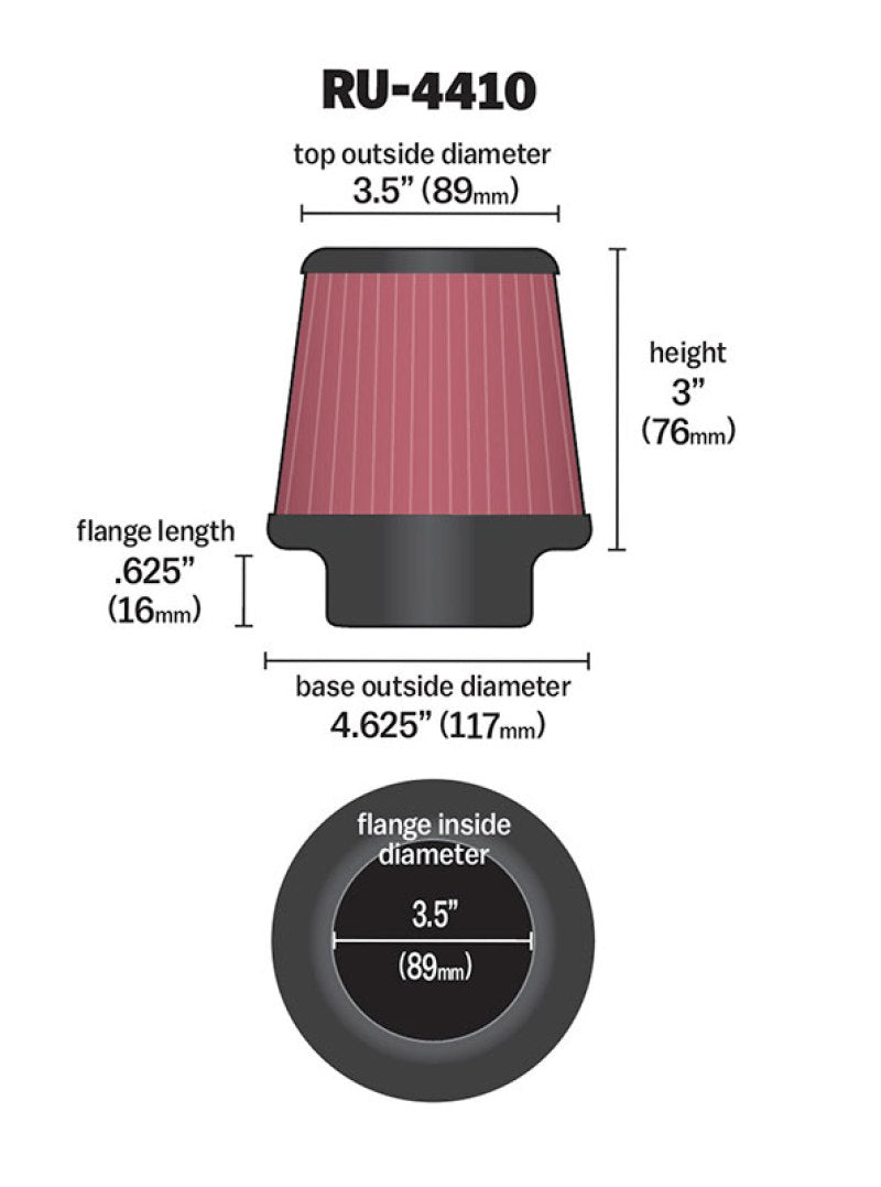 K&N Filter Universal Rubber Filter 3 1/2 inch Flange 4 5/8 inch Base 3 1/2 inch Top 3 inch Height K&N Engineering Air Filters - Universal Fit
