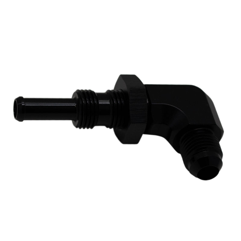 DeatschWerks 6AN Male Flare to 5/16in Male Barb Bulkhead Adapter 90-Degree - Anodized Matte Black DeatschWerks Fittings