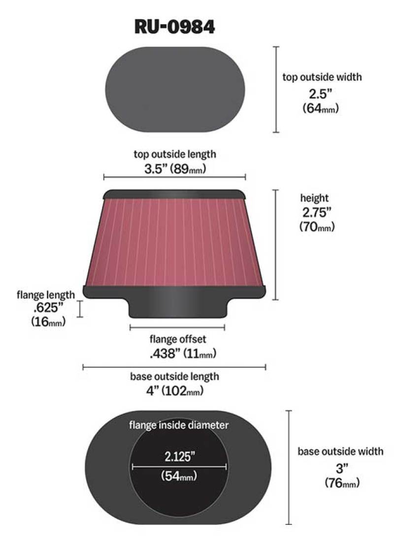 K&N Universal Rubber Filter 2.125in Flange ID/3in x 4in Tapered Oval/2.75in Height (4 Filters) K&N Engineering Air Filters - Universal Fit