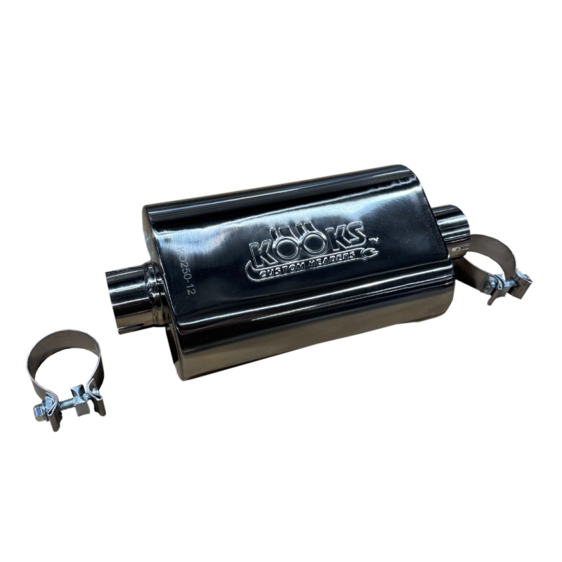 Kooks 2.5in Oval Clamp In Muffler 12in Long Body Polished Stainless Steel Kooks Headers Muffler