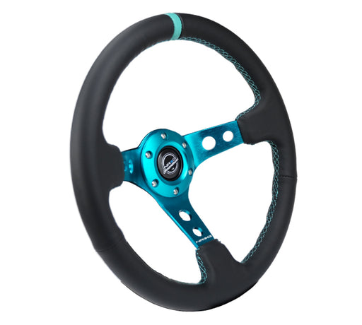 NRG Reinforce Steering Wheel (350mm / 3in. Deep) Blk Leather, Teal Center Mark w/ Teal Stitching NRG Steering Wheels