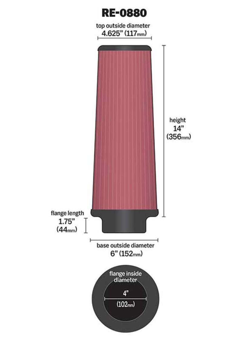 K&N Universal Rubber Filter 4inch FLG / 6inch OD-B / 4-5/8inch OD-T / 14inch H K&N Engineering Air Filters - Universal Fit