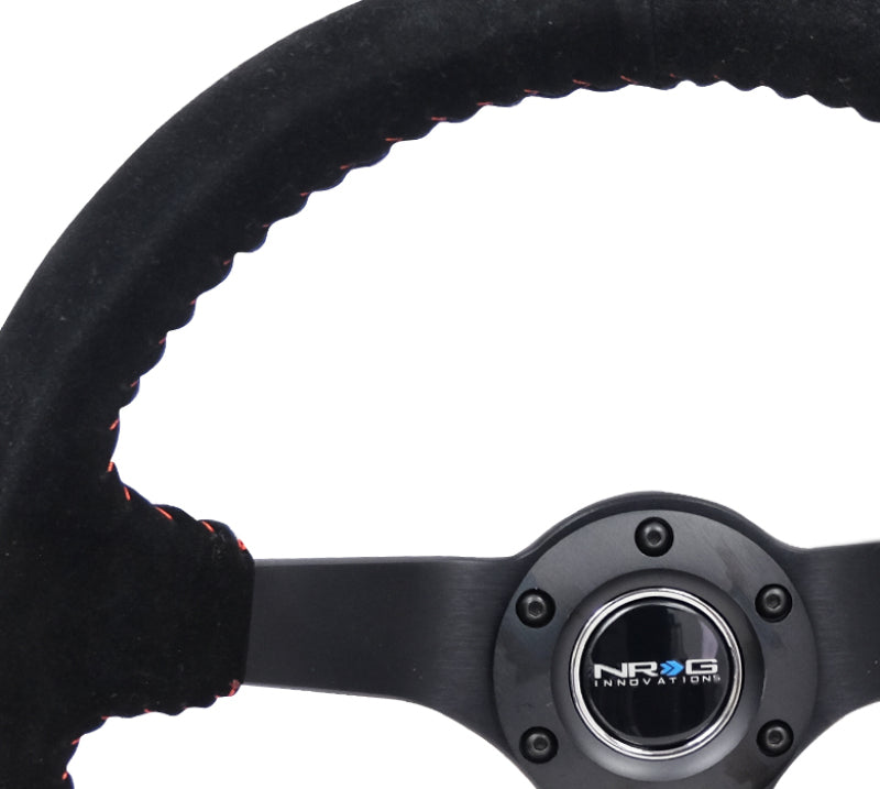 NRG Reinforced Steering Wheel (350mm / 3in. Deep) Blk Suede/Red BBall Stitch w/5mm Matte Blk Spokes NRG Steering Wheels
