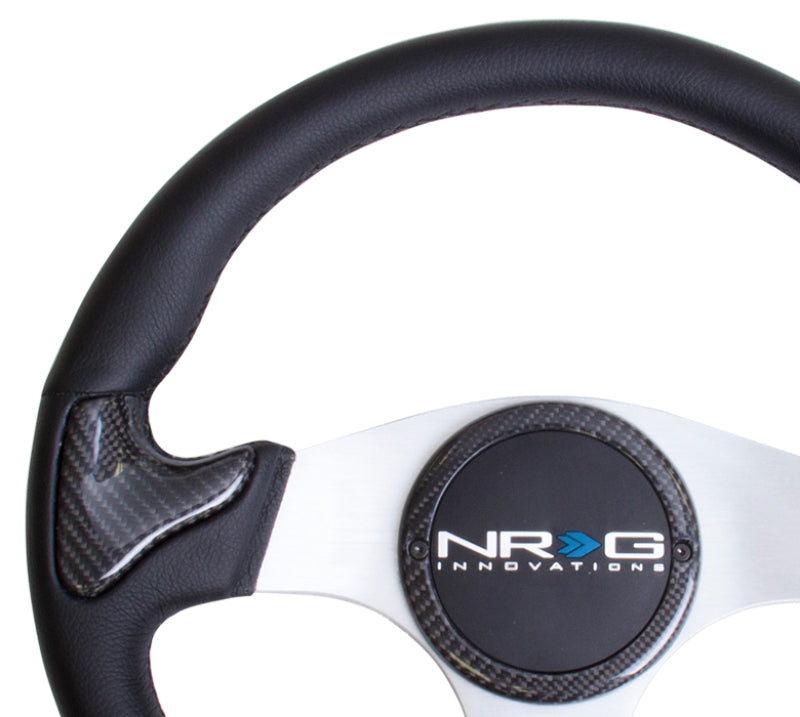 NRG Carbon Fiber Steering Wheel (350mm) Silver Frame Blk Stitching w/Rubber Cover Horn Button NRG Steering Wheels