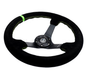 NRG Reinforced Steering Wheel 350mm/3in. Deep Blk Suede/ Neon Green Stitch w/5mm Matte Black Spoke NRG Steering Wheels