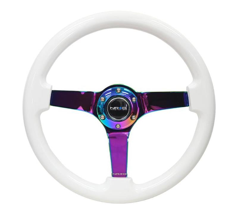NRG Reinforced Steering Wheel (350mm / 3in. Deep) Classic White w/4mm Neochrome Solid 3-Spoke NRG Steering Wheels
