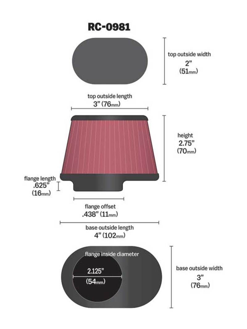 K&N Uni Chrome Oval Tapered Filter 2.125in FlgID x 4inB OL x 3inB OW x 3inT OL x 2inT OW x 2.75in H K&N Engineering Air Filters - Universal Fit
