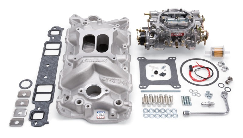 Edelbrock Manifold And Carb Kit Performer Eps Small Block Chevrolet 1957-1986 Natural Finish Edelbrock Intake Manifolds
