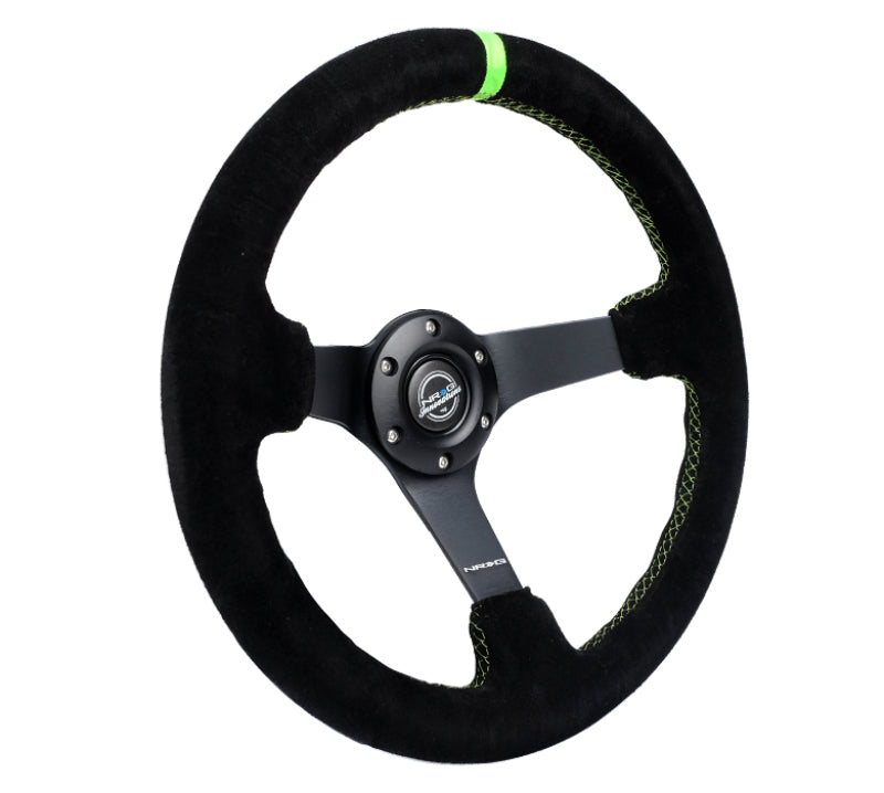 NRG Reinforced Steering Wheel 350mm/3in. Deep Blk Suede/ Neon Green Stitch w/5mm Matte Black Spoke NRG Steering Wheels