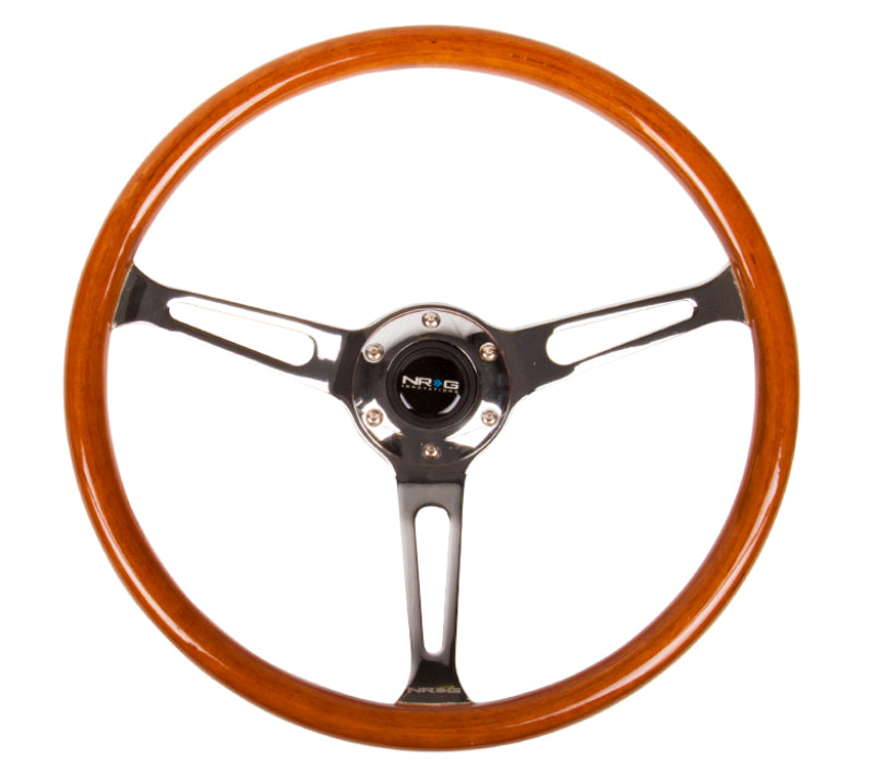 NRG Reinforced Steering Wheel (360mm) Classic Wood Grain w/Chrome Cutout 3-Spoke Center NRG Steering Wheels