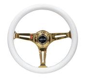 NRG Classic Wood Grain Steering Wheel (350mm) White Grip w/Chrome Gold 3-Spoke Center NRG Steering Wheels