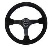 NRG Reinforced Steering Wheel (350mm / 3in. Deep) Blk Suede/Blk Bball Stitch w/5mm Matte Black Spoke NRG Steering Wheels