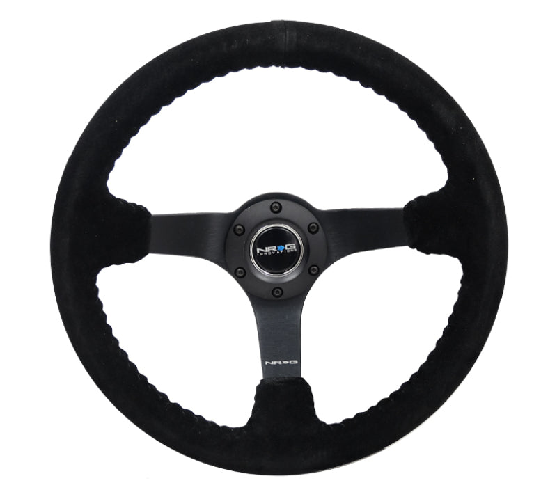 NRG Reinforced Steering Wheel (350mm / 3in. Deep) Blk Suede/Blk Bball Stitch w/5mm Matte Black Spoke NRG Steering Wheels